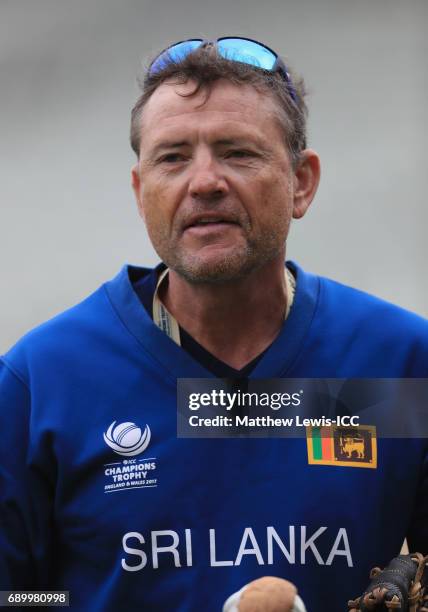 Graham Ford, Coach of Sri Lanka looks on during the ICC Champions Trophy Warm-up match between New Zealand and Sri Lanka at Edgbaston on May 30, 2017...