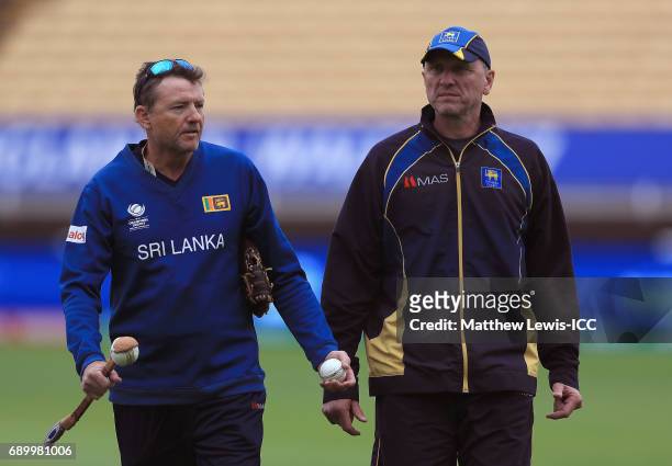 Graham Ford, Coach of Sri Lanka looks on with Allan Donald during the ICC Champions Trophy Warm-up match between New Zealand and Sri Lanka at...