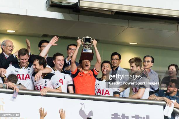 Tottenham Hotspur Forward Heung-Min Son celebrating with his trophy during the Friendly match between Kitchee SC and Tottenham Hotspur FC at Hong...