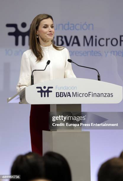 Queen Letizia of Spain attends the 10th Anniversary of 'Microfinanzas BBVA' at the BBVA Bank Foundation on May 29, 2017 in Madrid, Spain.