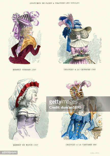 stockillustraties, clipart, cartoons en iconen met geschiedenis van de mode, womens hoeden 18e eeuw - eighteenth