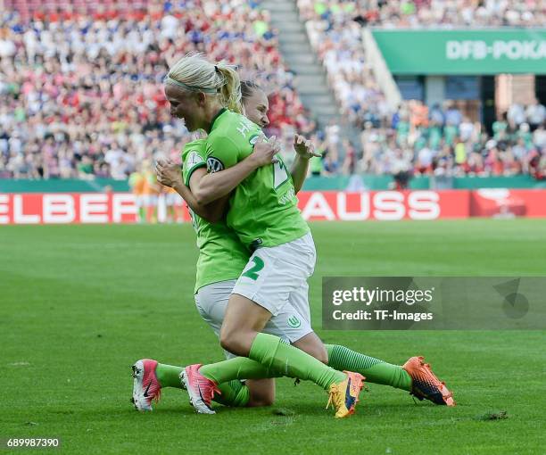 Pernille Harder of Wolfsburg and Caroline Graham Hasen of Wolfsburg celebrates her goal during the Women's DFB Cup Final 2017 match between SC Sand...