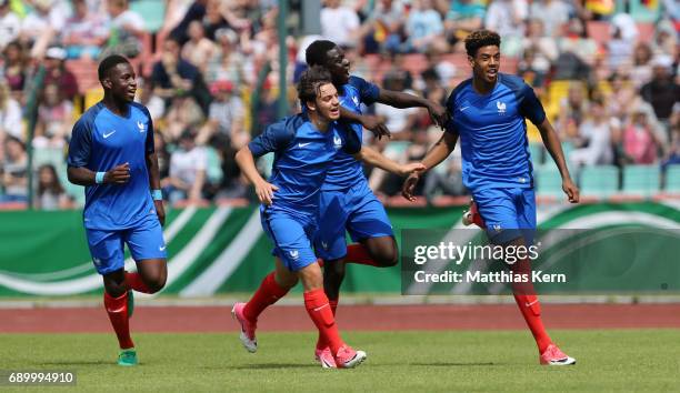 Willem Geubbels of France jubilates with team mates after scoring the first goal during the U16 international friendly match between Germany and...