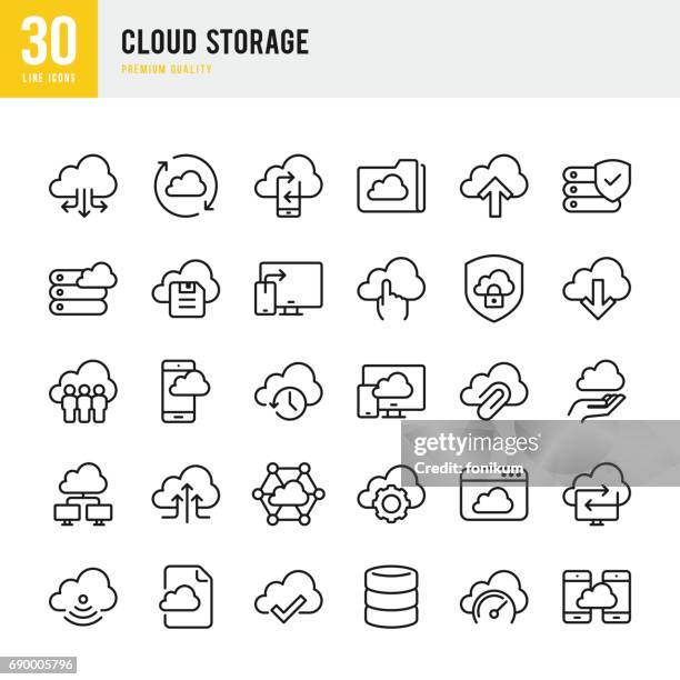 ilustraciones, imágenes clip art, dibujos animados e iconos de stock de almacenamiento en la nube - conjunto de iconos de vector de línea delgada - cloud computing