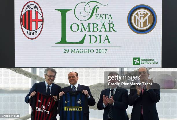 Massimo Moratti, Giovanni Malago Silvio Berlusconi, Roberto Maroni Governor of the Lombardia Region and Andrea Monti attend Rosa Camuna awards at...