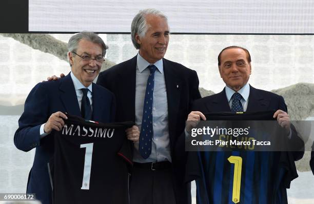 Massimo Moratti, Giovanni Malago and Silvio Berlusconi attend Rosa Camuna awards at Palazzo Lombardia on May 30, 2017 in Milan, Italy.