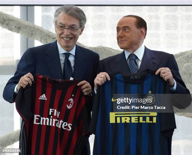 Massimo Moratti and Silvio Berlusconi attend Rosa Camuna awards at Palazzo Lombardia on May 30, 2017 in Milan, Italy.