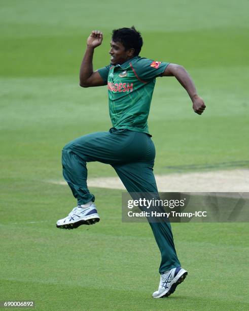 Rubel Hossain of Bangladesh celebrates after dismissing Rohit Sharma of India during the ICC Champions Trophy Warm-up match between India and...