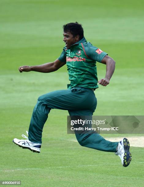 Rubel Hossain of Bangladesh celebrates after dismissing Rohit Sharma of India during the ICC Champions Trophy Warm-up match between India and...
