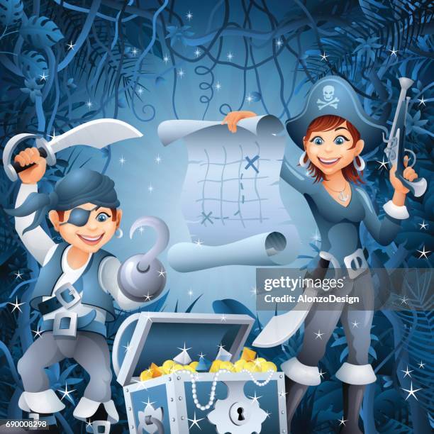 pirates with treasure - sailing crew stock illustrations