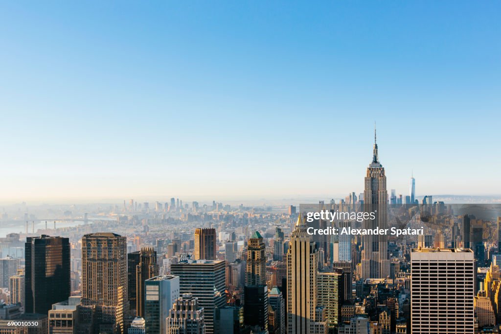 New York City cityscape in the morning with clear blue sky