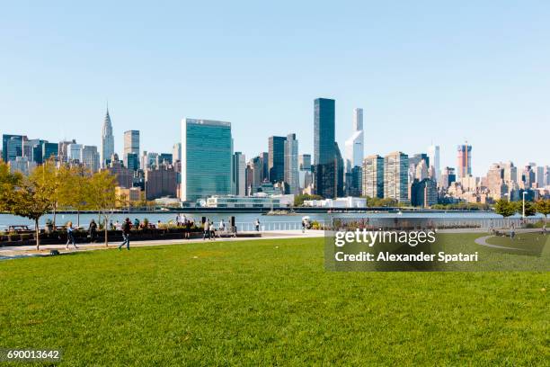 manhattan skyline along east river with green lawn on the foreground, new york city, usa - waterfront bildbanksfoton och bilder