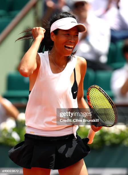 Su-Wei Hsieh of Taipei celebrates after winning the first round match against Johanna Konta of Great Britain on day three of the 2017 French Open at...