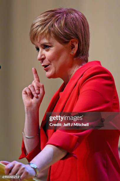 Leader Nicola Sturgeon launches the party's general election manifesto at the Perth Concert Hall on May 30, 2017 in Perth, Scotland. The First...