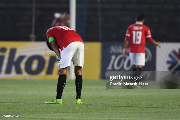 Teerasil Dangda of Muangthong United looks on after the AFC Champions League Round of 16 match between Kawasaki Frontale and Muangthong United at...