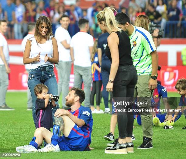 Leo Messi , Antonella Roccuzzo , their son Mateo Messi and Sofia Balbi attend the Copa del Rey Final match between FC Barcelona and Alaves FC at...