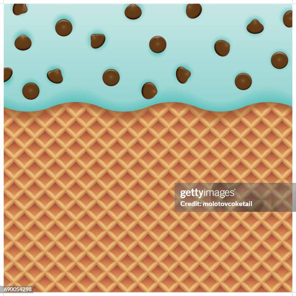 stockillustraties, clipart, cartoons en iconen met chocolate chip mint ice cream en wafer achtergrond - chocoladedruppel