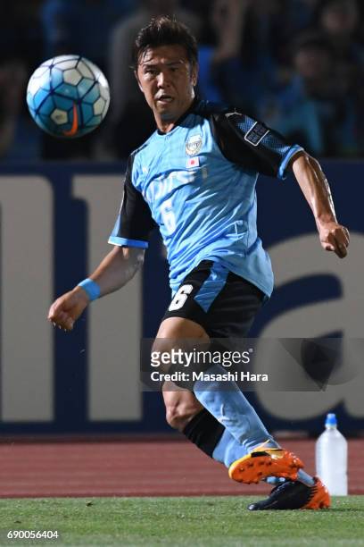 Yusuke Tasaka of Kawasaki Frontale in action during the AFC Champions League Round of 16 match between Kawasaki Frontale and Muangthong United at...