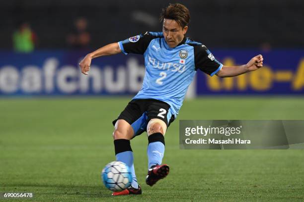 Kyohei Noborizato of Kawasaki Frontale in action during the AFC Champions League Round of 16 match between Kawasaki Frontale and Muangthong United at...