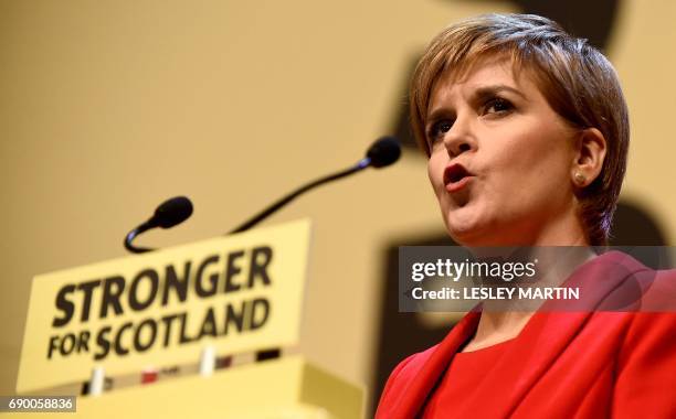 Scottish First Minister and Leader of the SNP, Nicola Sturgeon, speaks as she unveils the Scottish National Party's election manifesto in Perth,...