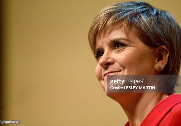 Scottish First Minister and Leader of the SNP, Nicola Sturgeon, speaks as she unveils the Scottish National Party's election manifesto in Perth,...