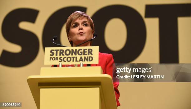 Scottish First Minister and Leader of the SNP, Nicola Sturgeon, speaks as she unveils the Scottish National Party's election manifesto in Perth,...