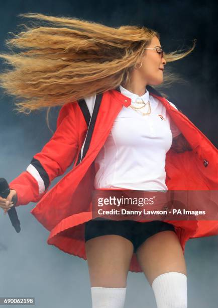 Rita Ora performs during a collaboration with Mura Masa during the second day of BBC Radio 1's Big Weekend at Burton Constable Hall, Burton...