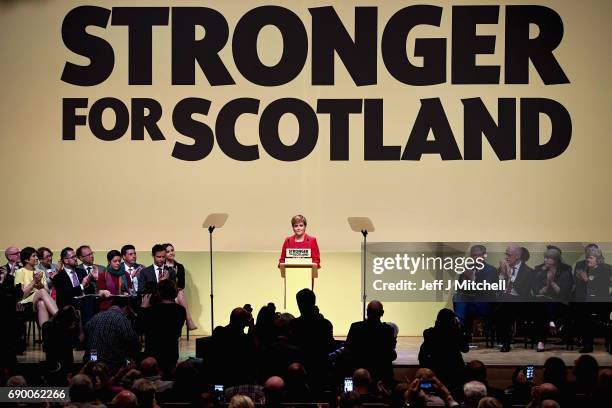 Leader Nicola Sturgeon launches the party's general election manifesto at the Perth Concert Hall on May 30, 2017 in Perth, Scotland. The First...