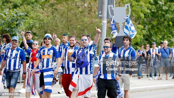 Deportivo Alaves supporters at the stands prior the Copa Del Rey Final between FC Barcelona and Deportivo Alaves at Vicente Calderon Stadium on May...