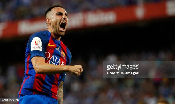 Paco Alcacer of FC Barcelona scores his team's third goal during the Copa Del Rey Final between FC Barcelona and Deportivo Alaves at Vicente Calderon...