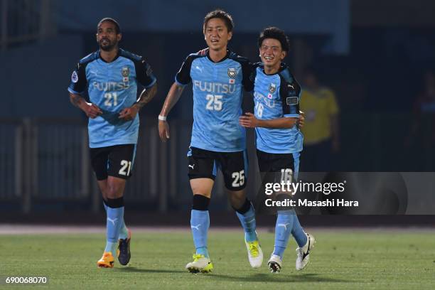 Kenta Kano and Tatsuya Hasegawa of Kawasaki Frontale celebrate their fourth goal during the AFC Champions League Round of 16 match between Kawasaki...