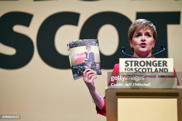 Leader Nicola Sturgeon launches the party's general election manifesto at the Perth Concert Hall on May 30, 2017 in Perth, Scotland. The First...