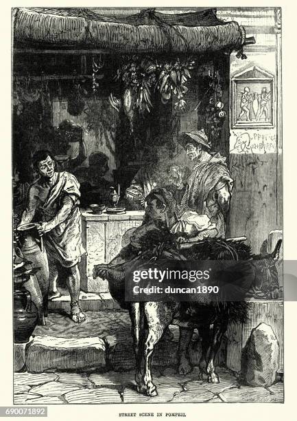 street scene in ancient pompeii - outside cafe stock illustrations