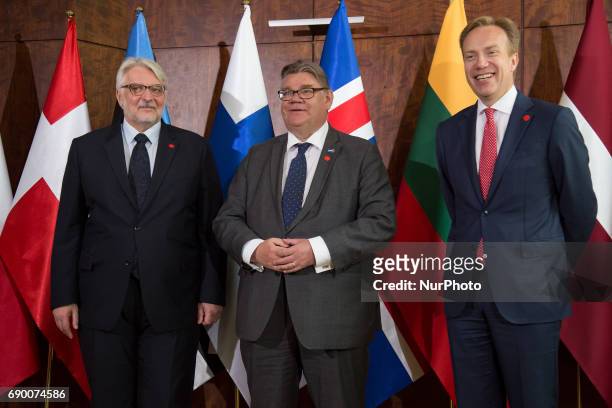 Polish Minister of Foreign Affairs Witold Waszczykowski and Norwegian Minister of Foreign Affairs Borge Brende welcome Timo Soini during the meeting...