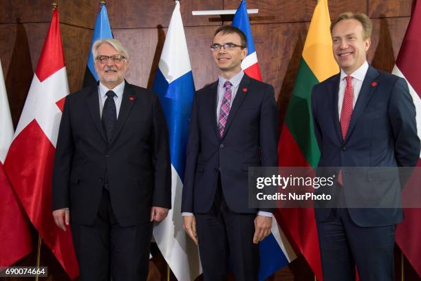 Polish Minister of Foreign Affairs Witold Waszczykowski and Norwegian Minister of Foreign Affairs Borge Brende welcome Edgars Rinkevics during the...