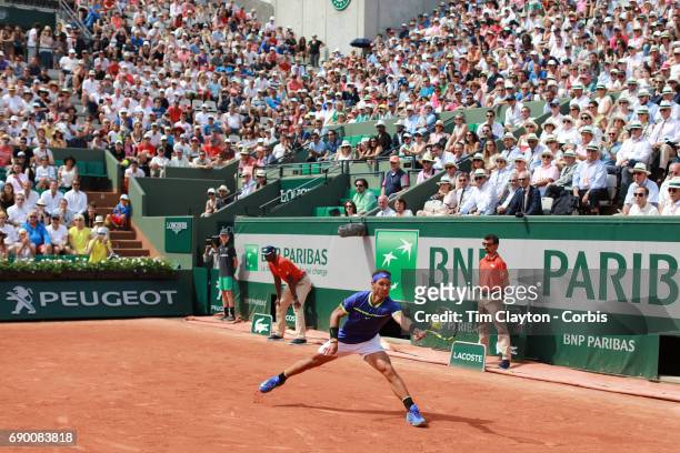 French Open Tennis Tournament - Day Two. Rafael Nadal of Spain in action against Benoit Paire of France on Court Suzanne-Lenglen during the Men's...