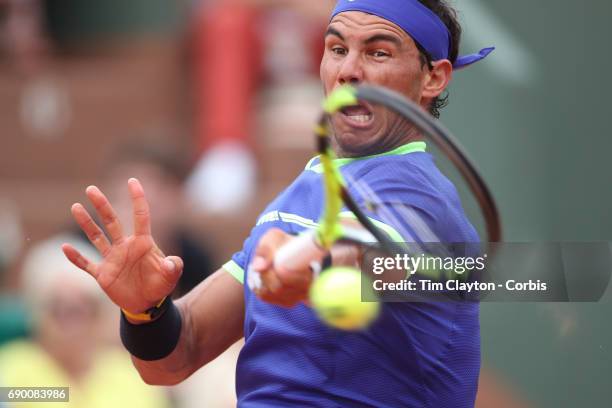 French Open Tennis Tournament - Day Two. Rafael Nadal of Spain in action against Benoit Paire of France on Court Suzanne-Lenglen during the Men's...