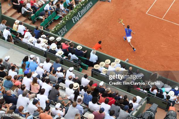 French Open Tennis Tournament - Day Two. Rafael Nadal of Spain in action against Benoit Paire of France on Court Suzanne-Lenglen during the Men's...