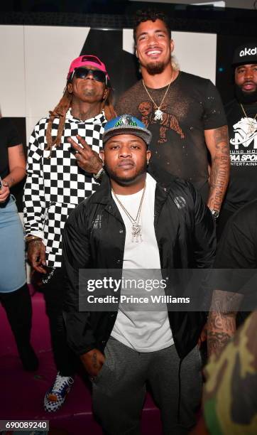 Mack Maine, Lil Wayne and Duke Riley attend Duke Rileys signing party at Gold Room on May 27, 2017 in Atlanta, Georgia.