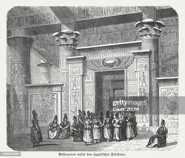 pythagoras among the egyptian priests, wood engraving, published in 1880 - mathematician stock illustrations