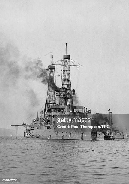 The Mississippi class battleship USS Idaho of the United States Navy at anchor on 9 October 1909 in the Hudson River off Fort Lee, New York, United...
