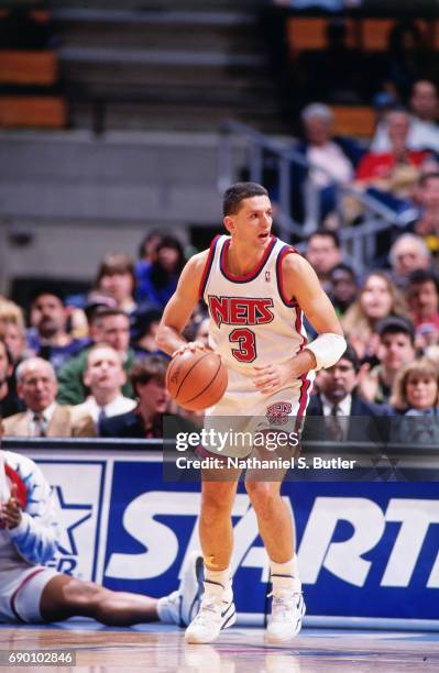 Drazen Petrovic of the New Jersey Nets handles the ball during the game circa 1993 at the Brendan Byrne Arena in East Rutherford, New Jersey. NOTE TO...