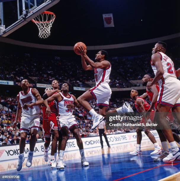 Maurice Cheeks of the New Jersey Nets goes for a lay up during the game circa 1993 at the Brendan Byrne Arena in East Rutherford, New Jersey. NOTE TO...