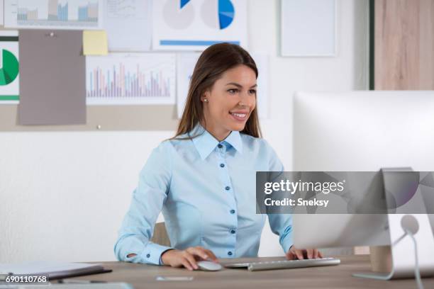 business woman investment consultant analyzing company seal report balance sheet statement working with documents on desktop computer. - annual event stock pictures, royalty-free photos & images