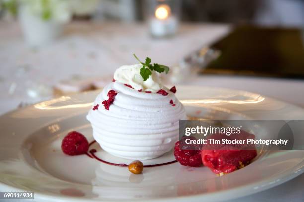 wedding desert, meringue filled with ice cream and raspberries. - raspberry sorbet stock pictures, royalty-free photos & images