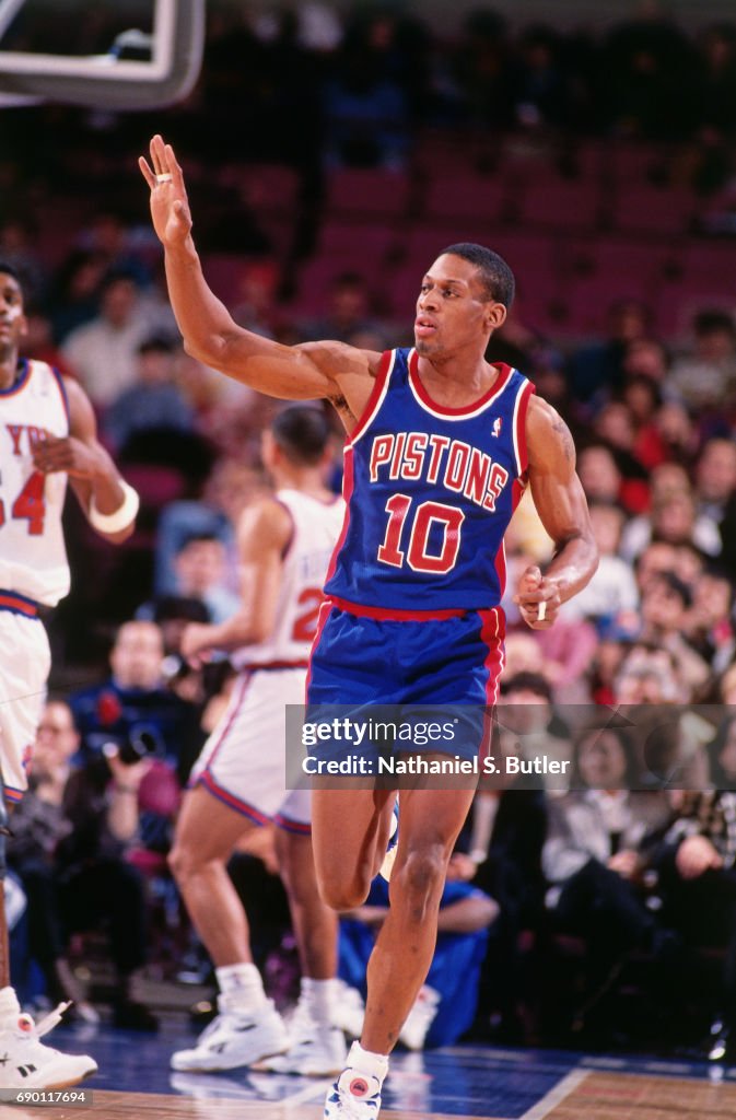 Detroit Rodman Dennis Rodman of the Detroit Pistons looks on during the game against ...