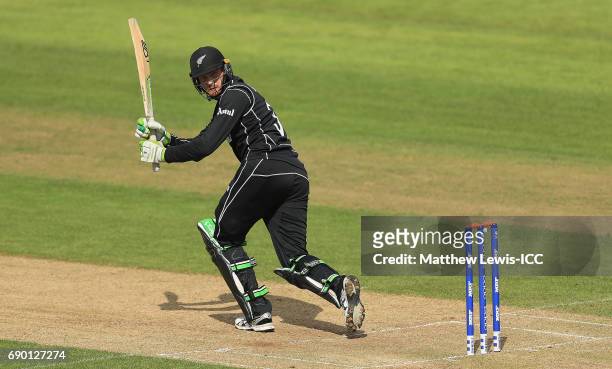 Martin Guptill of New Zealand edges the ball towards the boundary during the ICC Champions Trophy Warm-up match between New Zealand and Sri Lanka at...