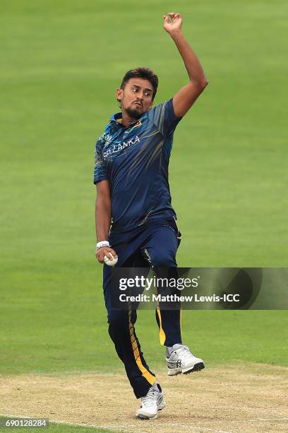 Suranga Lakmal of Sri Lanka in action during the ICC Champions Trophy Warm-up match between New Zealand and Sri Lanka at Edgbaston on May 30, 2017 in...