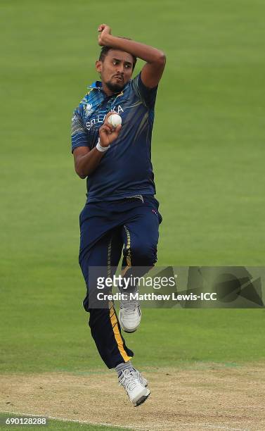 Suranga Lakmal of Sri Lanka in action during the ICC Champions Trophy Warm-up match between New Zealand and Sri Lanka at Edgbaston on May 30, 2017 in...