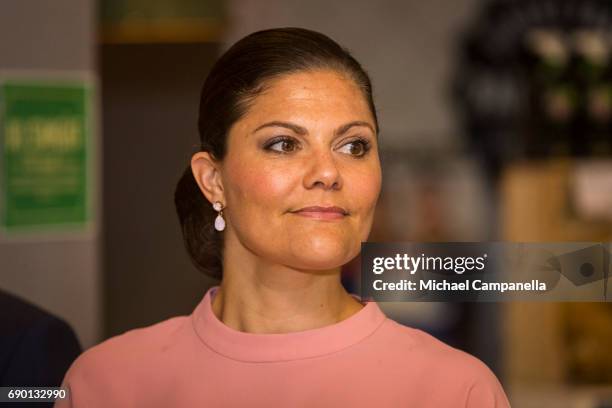 Crown Princess Victoria of Sweden is seen visting Paradiset, an organic grocery store, on May 30, 2017 in Stockholm, Sweden.